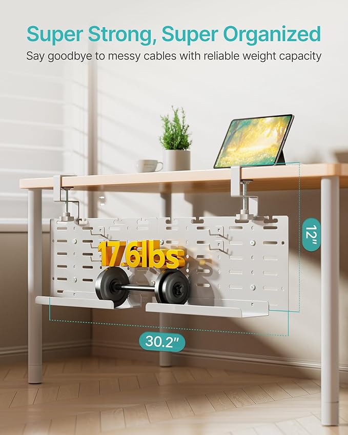 PEGZONE Under Desk Cable Management Tray, 30.2" Vertical Pegboard Organizer for Power Strip & Cords, with Hooks, Trays & Straps, No-Drill C-Clamp for Home Office, White