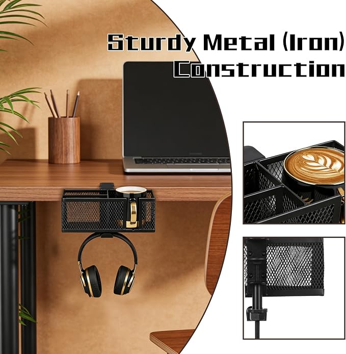 Multifunctional Clamp On Cup Holder & Desk Organizer, Space-Saving Desk Cup Holder with Headphone Hook for Office, Home - Holds Drinks, Phone, Stationery