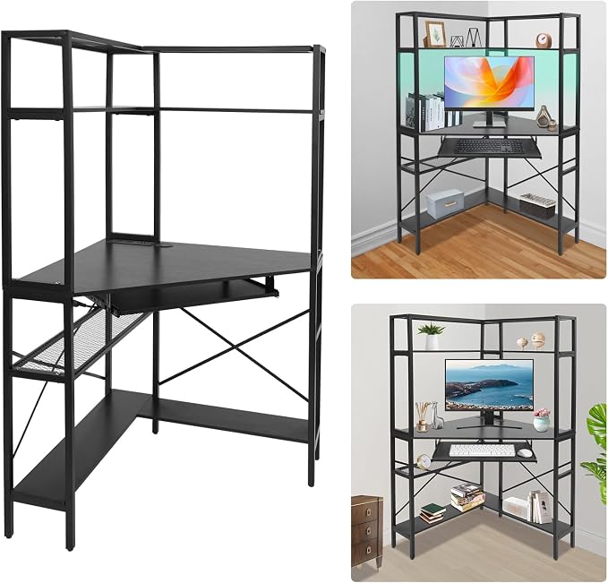 Corner Desk with Hutch, 90 Degrees Triangle Computer Desk w/Keyboard Tray & Bookshelves for Small Space Space Saving Writing Desk w/Storage Shelves for Bedroom Apartment (Black)