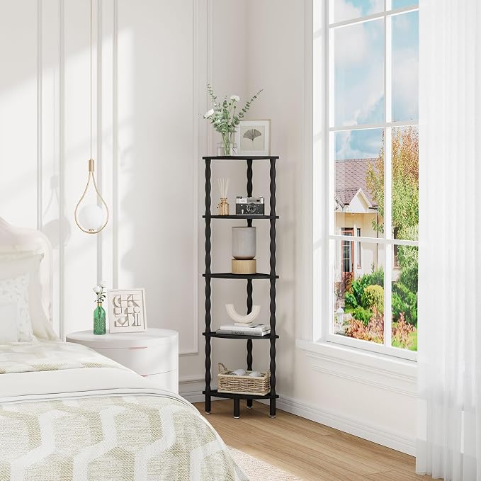 IBUYKE 5-Tier Corner Shelf,Stylish Corner Bookshelf for Small Spaces,Industrial Corner Storage Display Shelves,Small Corner Table for Bedroom,Bathroom,Kitchen, Black WBC020B