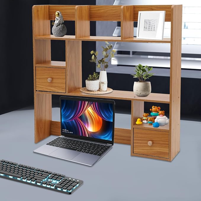 Desktop Bookshelf, Home Office Desk Organizer, Desktop Storage Organizer, for Study Rooms, Offices, Bedrooms, Libraries, Reading Rooms, Etc (Pine Color)