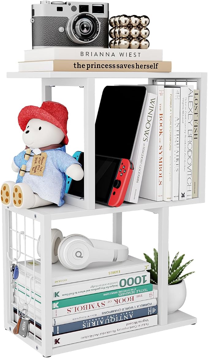 Small Desktop Bookshelf Organizer, White 3-Tier Desk Shelf with Metal Hook Workspace Organizers for Desk Organization and Office Storage Table Bookcase