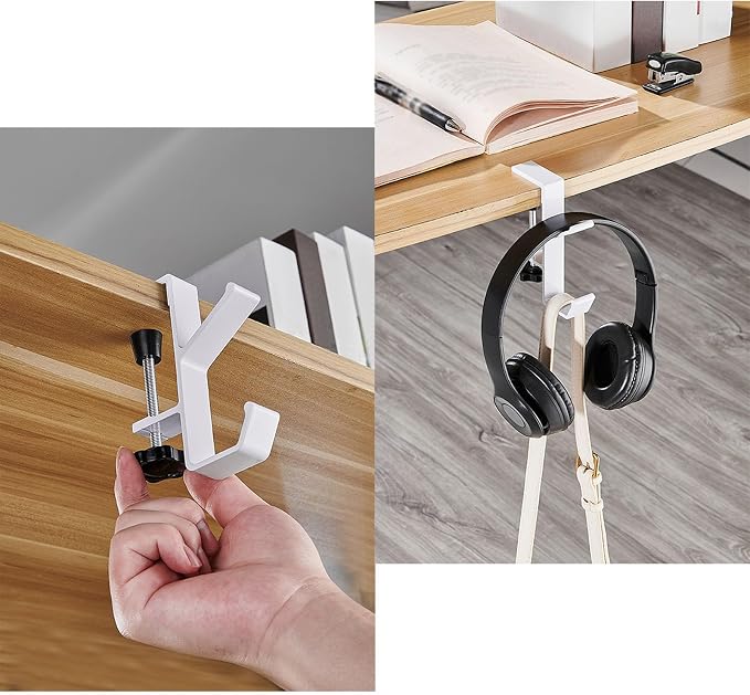 2 Pcs Adjustable Table Clamp Hooks Aluminum Alloy Under Desk Holder Desk Side Mount Hook for Headphones Bags Hats Keys Vacuum Cup (White)