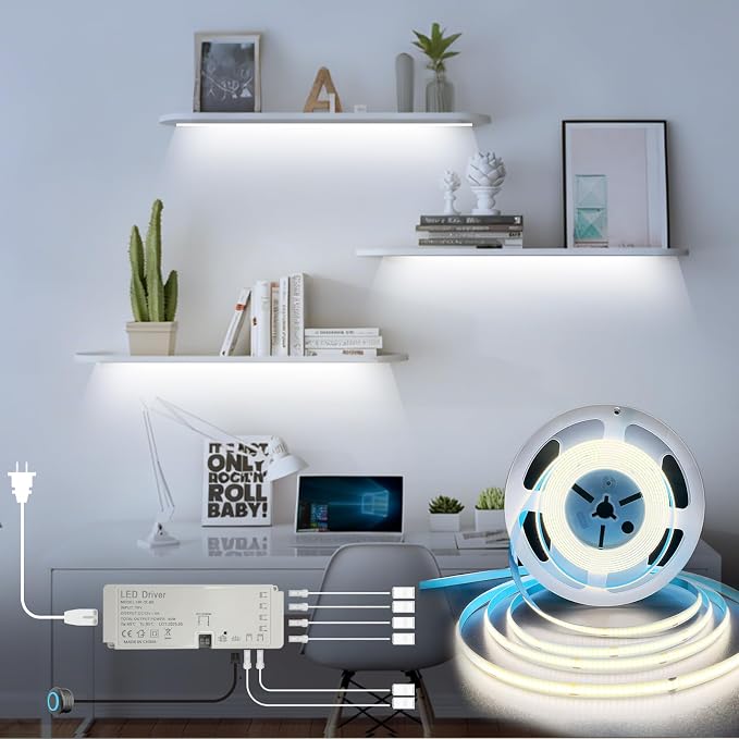 HAMRVL 12V LED Shelf Lights, 16.4ft Plug-in DIY Cut to Size COB LED Strip Lights, White 6000k, Dimmable Under Cabinet Lighting for Book Shelf, Display Case, Kitchen Cabinets, Counter, Gun Safe