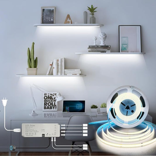 HAMRVL 12V LED Shelf Lights, 16.4ft Plug-in DIY Cut to Size COB LED Strip Lights, White 6000k, Dimmable Under Cabinet Lighting for Book Shelf, Display Case, Kitchen Cabinets, Counter, Gun Safe