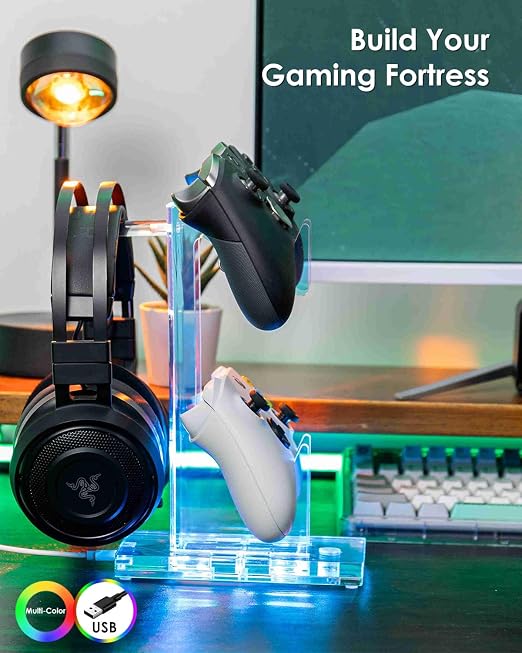 OAPRIRE Headset and Controller Stand with Lights, 2 Tier Acrylic Game Controller Holder, Controller and Headset Stand for Desktop,Universal Design Compatible with PS5/PS4/XBOX/SWITCH (Clear)
