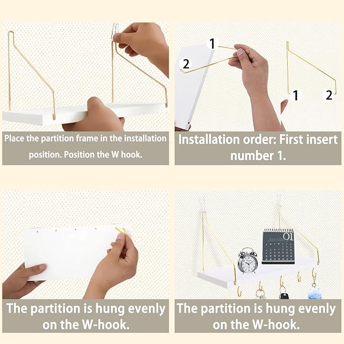 1-Pack Cubicle Shelf For Fabric Walls With Hooks：12x6.0in White Wooden Cubicle Shelf Hanging Organizer Gold Shelves Accessories Office Stylish Ations cubical Decorations For Women Desk work storage