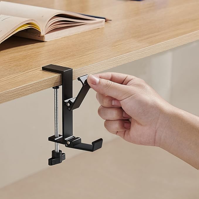 Heavyrain Desk Edge Headphone Holder and Bag Hook, Clamp-On Design, No Drill Installation, Metal, Black