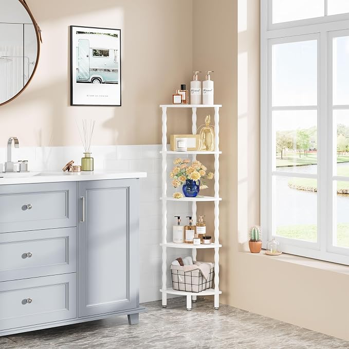 IBUYKE 5-Tier Corner Shelf,Stylish Corner Bookshelf for Small Spaces,Industrial Corner Storage Display Shelves,Small Corner Table for Bedroom,Bathroom,Kitchen, White WBC020W