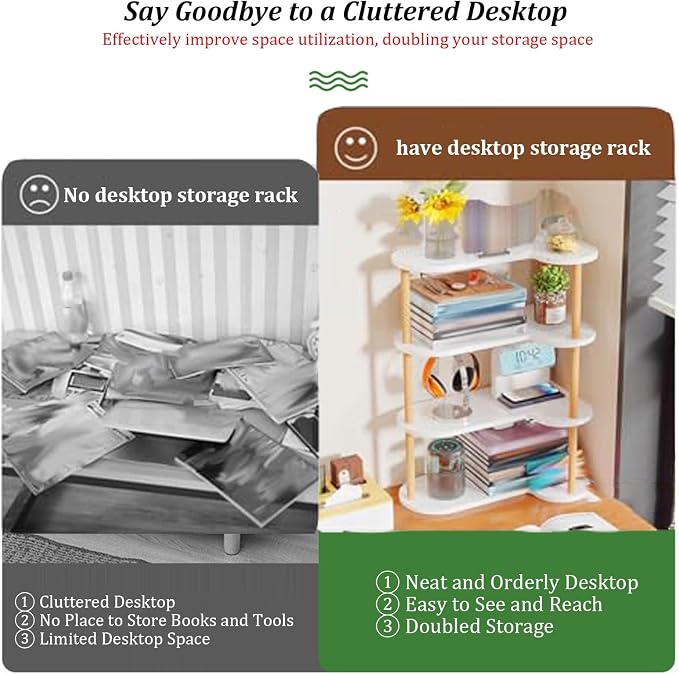 Desktop Corner Bookshelf, Wood Frame Desk Dorm Organizers, Reversible Left/Right Corner Design Storage Rack, Open countertop Display Shelf, for Home Office(6-Tier)