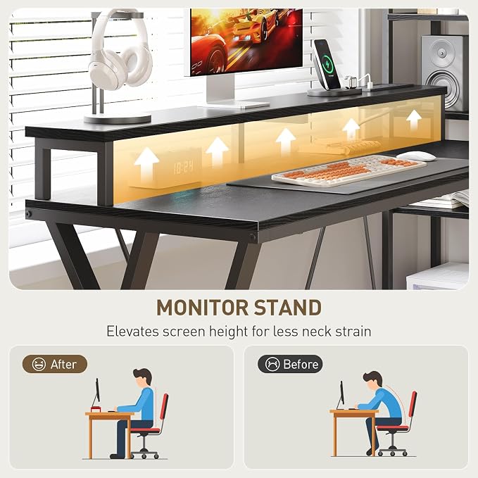 RALGEND L Shaped Gaming Desk with Bookshelf, 52'' Reversible Computer Desk with LED Light & Power Outlet, Corner Desk with Storage Shelves and Monitor Stand for Home Office, Black
