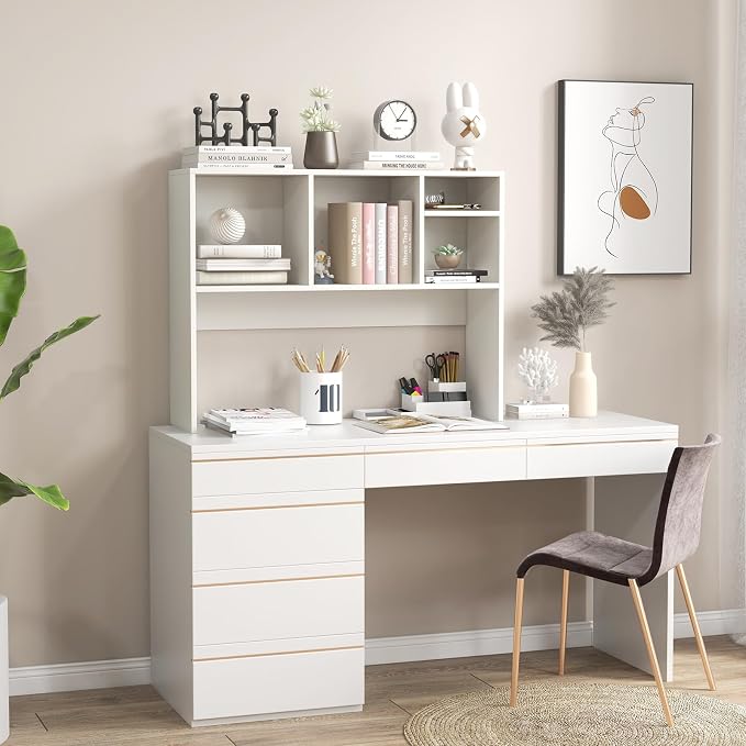 Giantex Desktop Bookshelf, Countertop Storage Hutch with 4 Shelves for Computer Desk, Dressing Tabletop Display Rack, Multipurpose Desk Hutch Storage Organizer for Home Office Dorm, White