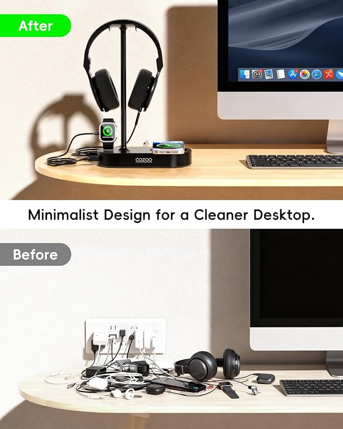 COZOO Headphone Stand with Fast Wireless Charging Pad and 2 USB Charging Ports, Suitable for Gaming, DJ, Wireless Earphone Accessories