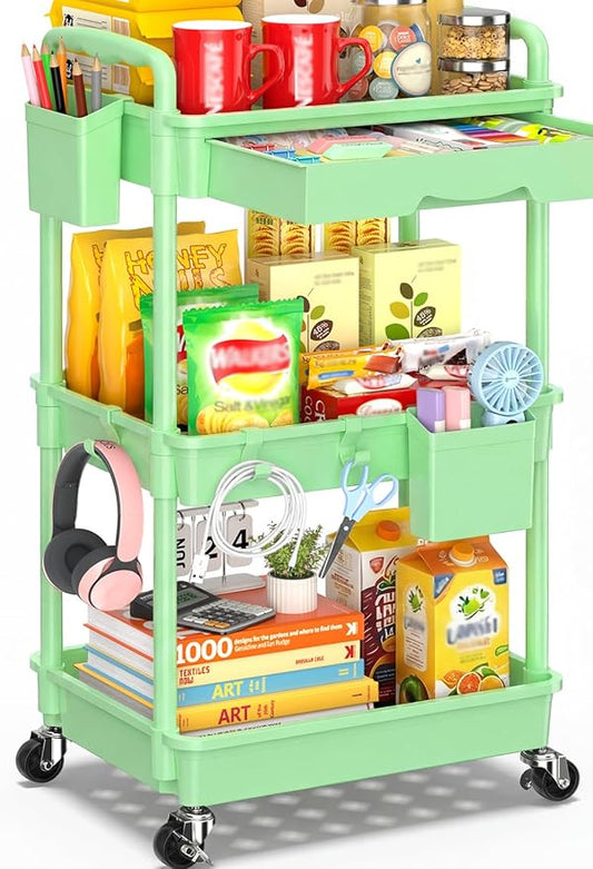 SUNALLY 3-Tier Rolling Cart with Drawer & Lockable Wheels, Bathroom Storage Organizer Multifunctional Rolling Storage Cart for Bathroom, Kitchen, Office, Craft, Makeup, Baby Essentials, Green