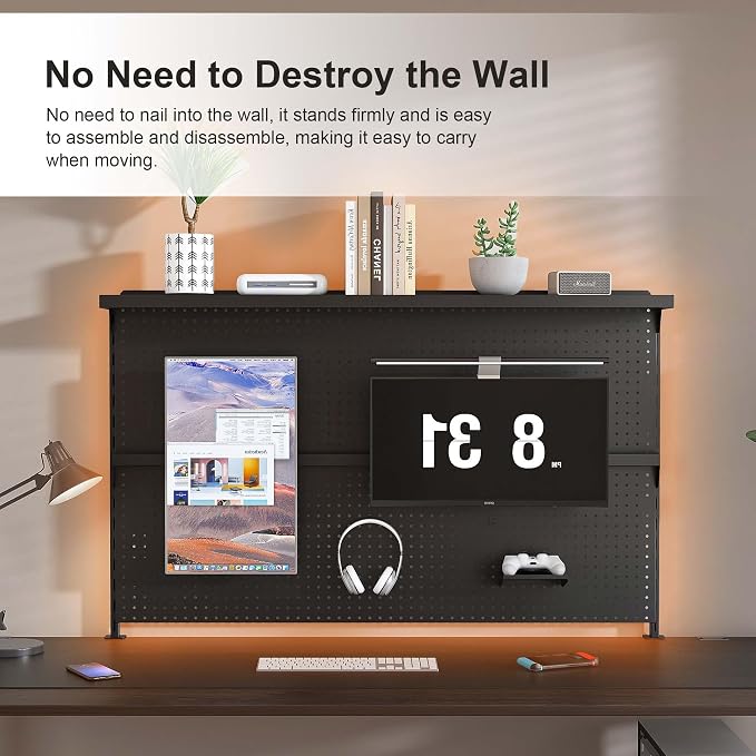 Metal Pegboard Desk Organizer with Dual Monitor Stand, 59x35 Inch Clamp-On Privacy Panel, Carbon Steel Gaming Desk Wall Organizer with 3 Accessories, Black Office Desk Storage System