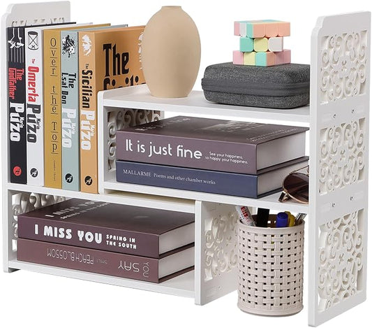 EARTHSON Desk Organizer Shelf, Expandable Bookshelf for Desk, Small Desktop Bookshelf, Mini Cute White Adjustable Office Desk Shelves