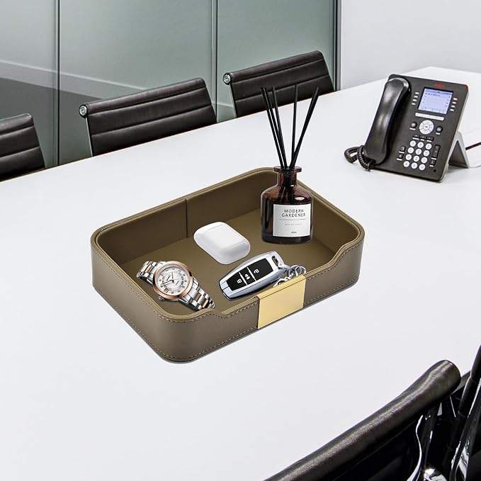 Luxury Leather Valet Tray Desktop Storage Organizer,Bedside Vanity Catchall Tray Nightstand Caddy Holder for Cosmetic,Jewelry,Watch,Keys,Phone,Wallet,Remote Controller,Pen,Olive Green