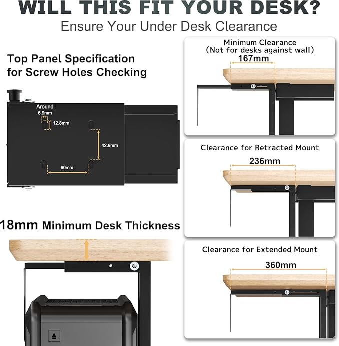 Heavy Duty Under Desk PC-Mount - Fits Most Middle & Full Tower, Height Adjustable Underdesk Computer Mount Holder with Protective Padding, Max Load 55lbs, Black