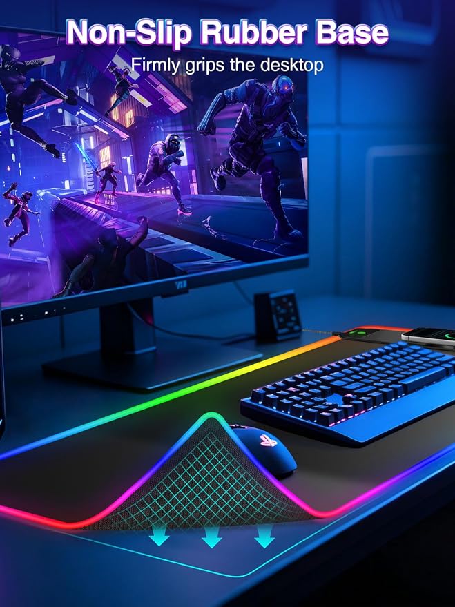 RGB Gaming Mouse Pad with 15W Magnetic Wireless Charger, 31.5'' x 11.8'' Large LED Desk Mat, 24 Lighting Effects Keyboard Pad with Non-Slip Rubber Base, Waterproof Ultra-Smooth Surface