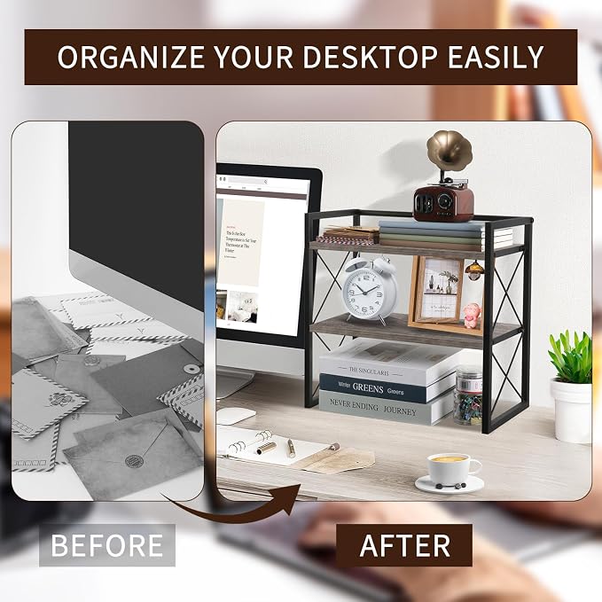 YINMIT Desktop Shelf Organizer, 2 Tier Office Shelves, Wood Desk Organizer Storage Rack and Freestanding Display Shelf for Office, Dormitory, Home (Grey)