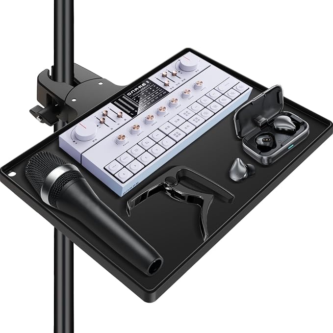 BILIONE Microphone Stand Tray with Crab Clamp, 10.6" x 7.8" Large Tray Shelf Attachment Clamp on Studio Music Floor Stands for Storage