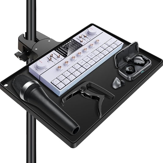 BILIONE Microphone Stand Tray with Crab Clamp, 10.6" x 7.8" Large Tray Shelf Attachment Clamp on Studio Music Floor Stands for Storage