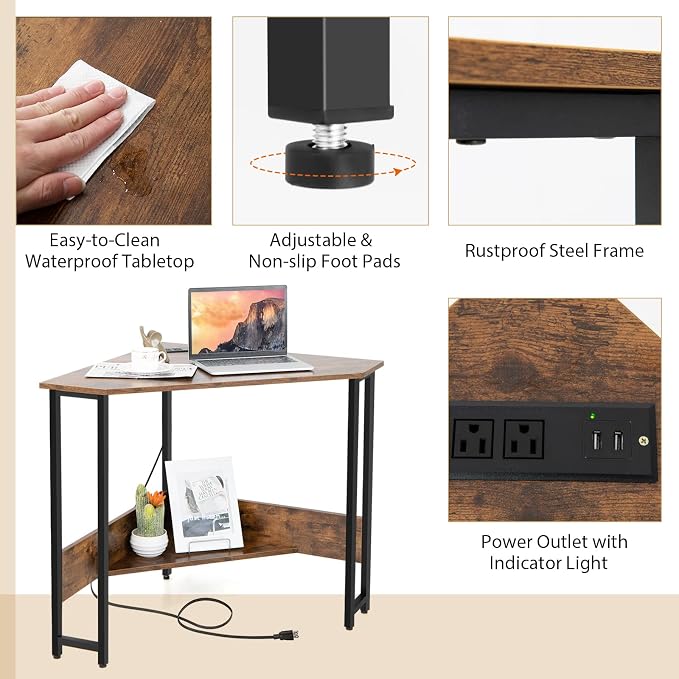 HOMGX Triangle Corner Computer Desk for Small Space, Rustic Brown, Modern Style, Space Saving, USB Ports & Power Outlet, Sturdy & Durable Construction, 28.5" x 30"