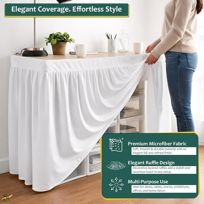 Shreem Linen Dorm Desk Skirt, Ruffled Gathered Table Cover, Custom-Fit, No Platform, Split Corners, Under Desk Storage Cover for Dorm & Home Office, White Desk Skirt (D24 x W32 Skirt H30 Inches)