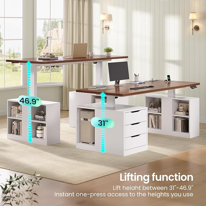 SEDETA Modern Electric Standing Desk, 63" Height Adjustable Computer Desk with 3 Drawers, Storage Shelves, Power Outlets, Wood Home Office Stand up Desk for Work, Study, Writing, White + Brown