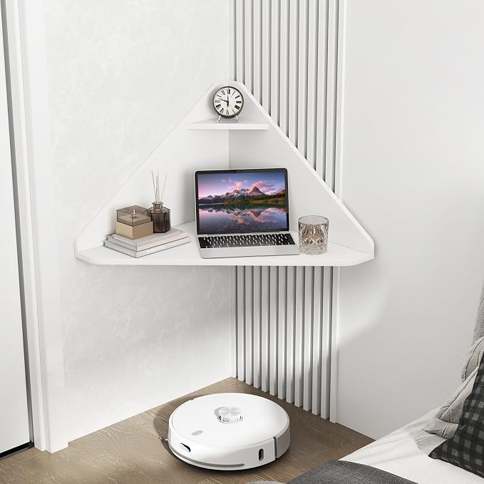 GOFLAME Floating Corner Desk, Wall Mounted Triangular Computer Desk w/Storage Shelf, Space-Saving Design, 90° Wooden Floating Home Office Desk for Writing, Working, Studying (White)