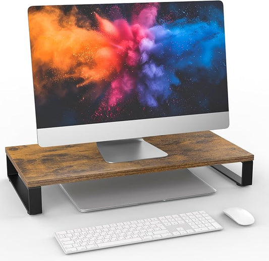 XINYAO Wood Monitor Stand Riser for Desk, 24x12x3 inch, Rustic Brown | Sturdy wooden & steel computer monitor riser; ergonomic height reduces neck strain; Organizer for Office Laptop, PC, Printer