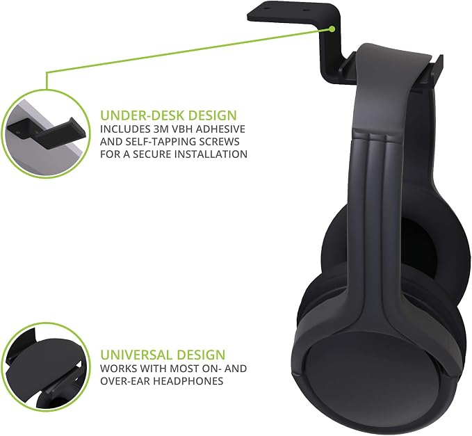 Kanto HH Universal Under Desk Headphone Hook - Black - Solid Steel Construction - Mount Using 3M Adhesive or 2 Included Screws