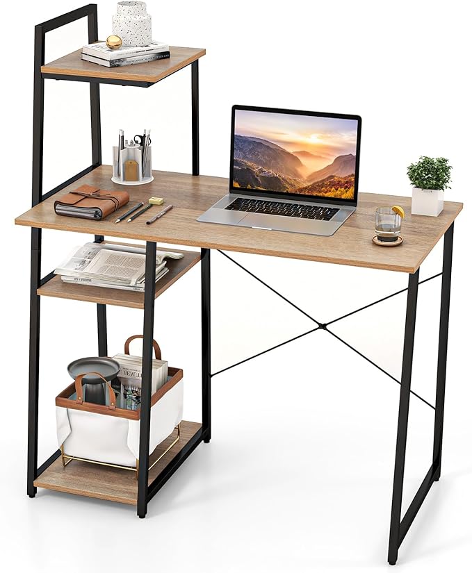 Tangkula Computer Desk with Shelves, Space Saving Home Office Desk with 3-Tier Ladder Shaped Storage Bookshelf, Modern Writing Study Desk with Metal Frame, Compact Computer Workstation (Natural)