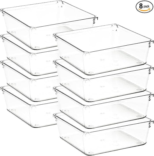 8 Pack Drawer Organizer - 6" X 6" Clear Acrylic Storage Bins with Non-Slip Pads, Versatile Desk Tray for Makeup, Jewelry, Kitchen, Bathroom, and Office Organization