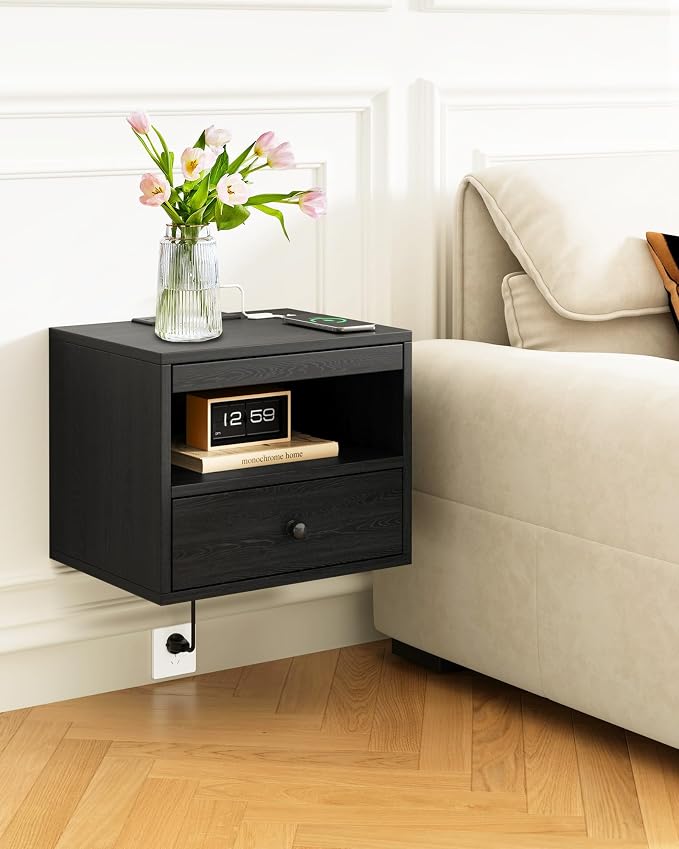Floating Nightstand with Charging Station,Modern Bedside Table with Drawers and Extension Panel, Small Wall Mounted Nightstands for Bedroom Room，Floating Sofa Side Table（ Black ）
