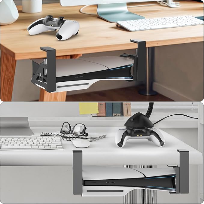 No-Drill PS5/Slim/Pro Under Desk Mount, Metal Under Desk PS 5 Mount for PS5 Slim Digital & Disc, PS 5 Holder Under Desk with Clamp, Screw and EVA Foam for PS 5/Slim/Pro Digital Console