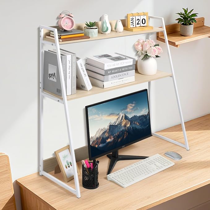 2-Tier Desktop Bookshelf & Hutch - Fits Over Large Monitors - Modern Desk Organizer with Metal Frame - Vertical Storage for Small Desks, Home Office, Dorm, Makeup Vanity (Blonde Wood/White)