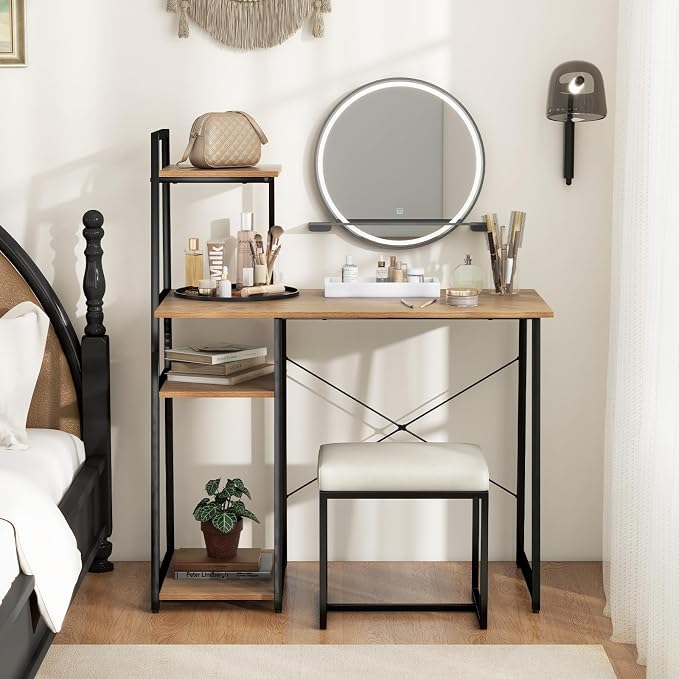 Tangkula Computer Desk with Shelves, Space Saving Home Office Desk with 3-Tier Ladder Shaped Storage Bookshelf, Modern Writing Study Desk with Metal Frame, Compact Computer Workstation (Natural)