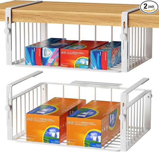 AmonHouseware 2 Pack Hanging Under Shelf Storage Basket,Adjustable Under Cabinet Add-on Storage Racks Slide-in Baskets Organizer for Laundry Room Kitchen Pantry Desk Bookshelf, White