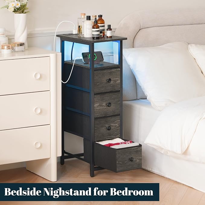 Yoobure LED Narrow Nightstand with Charging Station - Slim Dresser for Bedroom Narrow Side Table Storage Cabinet, Small Dressers Chest of Drawers, Tall Skinny Night Stand End Table for Small Spaces