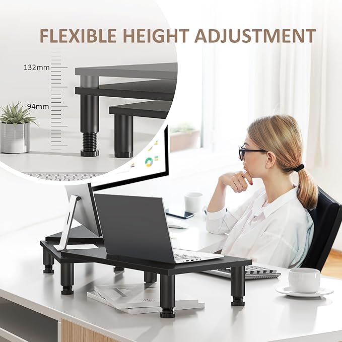 AX WABER Dual Monitor Stand Riser, Monitor Stand with Adjustable Height Steel leg, Wood Monitor Stand for Desk, Monitor Riser for 2 Monitors with Storage Space Black