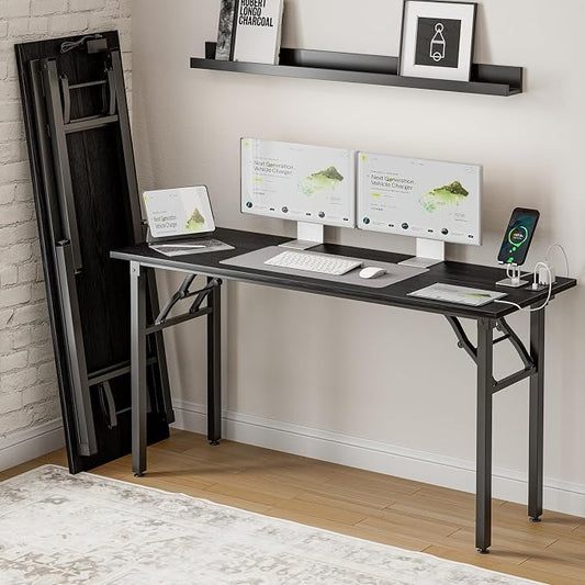 Frylr Small Folding Computer Desk – 55.1 Inch Portable Table for Craft and Study, Lightweight Desk for Small Spaces, Foldable Laptop Table Built-in AC/USB Outlets for Convenience, Dark Oak