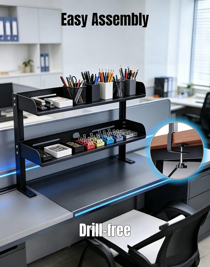 Yuxh Desk Clamp Shelf 16 Inch, Black | Space-saving, clip on or under shelf for panel tabletop, office, easy drill-free assembly, single-tier tray fits A4 paper