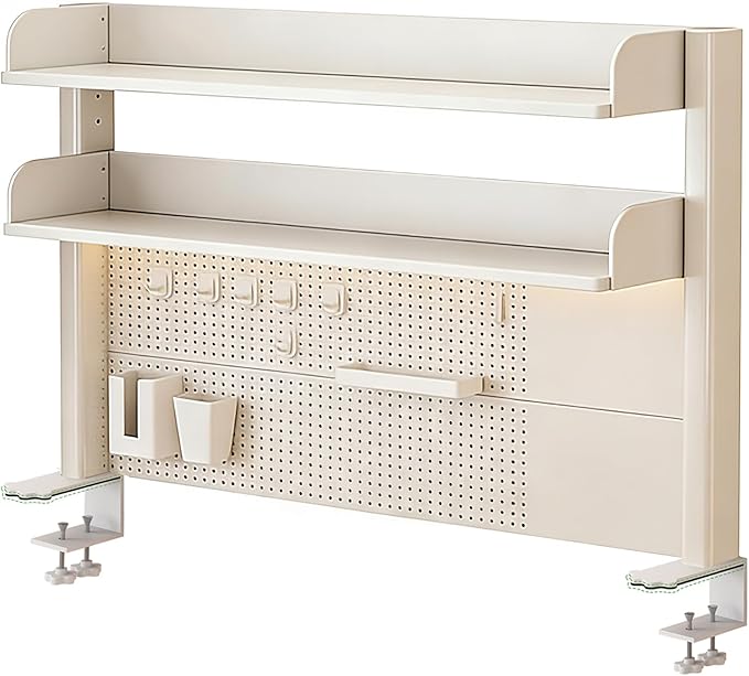31.5 Inch Clip-on Desktop Organizer Bookshelf with Pegboard, Desk Shelf Organizer, Multipurpose Computer Desk Desktop Bookshelf, Desk Extender Pegboard Clamp, Desktop Display (White)