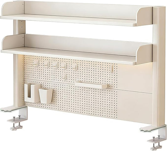 31.5 Inch Clip-on Desktop Organizer Bookshelf with Pegboard, Desk Shelf Organizer, Multipurpose Computer Desk Desktop Bookshelf, Desk Extender Pegboard Clamp, Desktop Display (White)