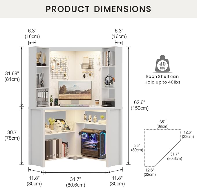 Corner Desk with - LED Reading Light, L-Shaped Computer Desk w/Hutch & Shelves, Home Office Desk w/Charging Station for Work & Study, File Cabinet Storage Bookshelf for Small Space (White)