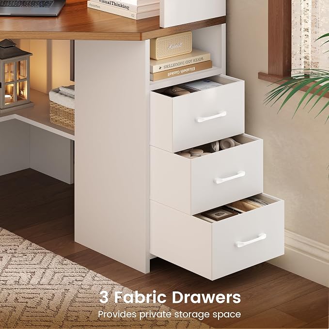 SEDETA 31.5" Corner Desk for Small Space, Farmhouse Small Corner Desk with Hutch & 3 Drawers, Corner Computer Desk with Storage Shelves & LED Lights for Home Office, White + Brown