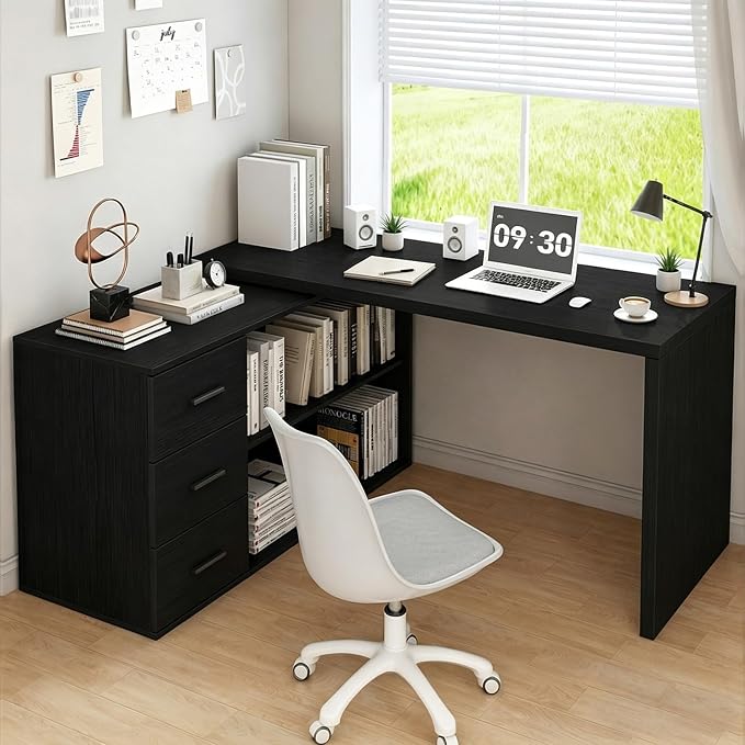 HSH Black L Desk with Drawers Shelves, Large Reversible L Shaped Desk with Storage Cabinet, Corner Home Office Computer Desk Workstation for Executive Writing Study, Bedroom Living Room Table, 60 Inch