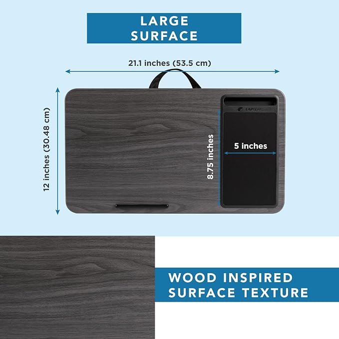 LAPGEAR Home Office Lap Desk with Device Ledge, Mouse Pad, and Phone Holder - Gray Woodgrain - Fits up to 15.6 Inch Laptops - Style No. 91545