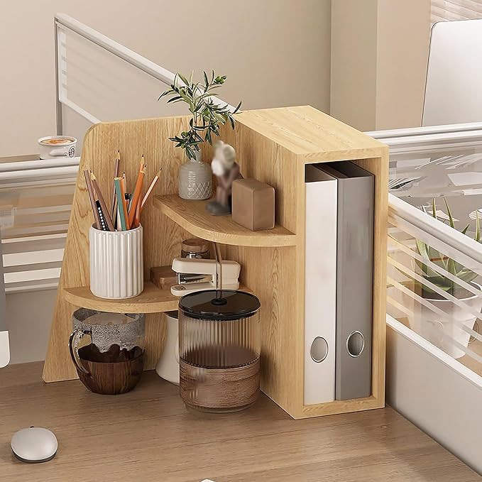 Desktop Corner Stand Shelf 3 Tier Shelf Organizer 15.7in Tall Corner Bookshelf for Small Spaces Wooden Desktop File Organizer Vertical for Home Offices, Bedrooms, and Studies,Natural,40cm